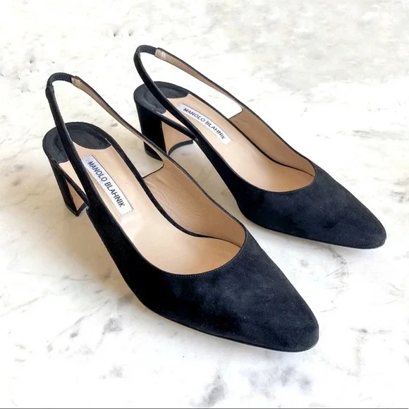 Manolo Blahnik Allurasa Suede Slingback Heel in Black Size 11.5 - Picture 6 of 11